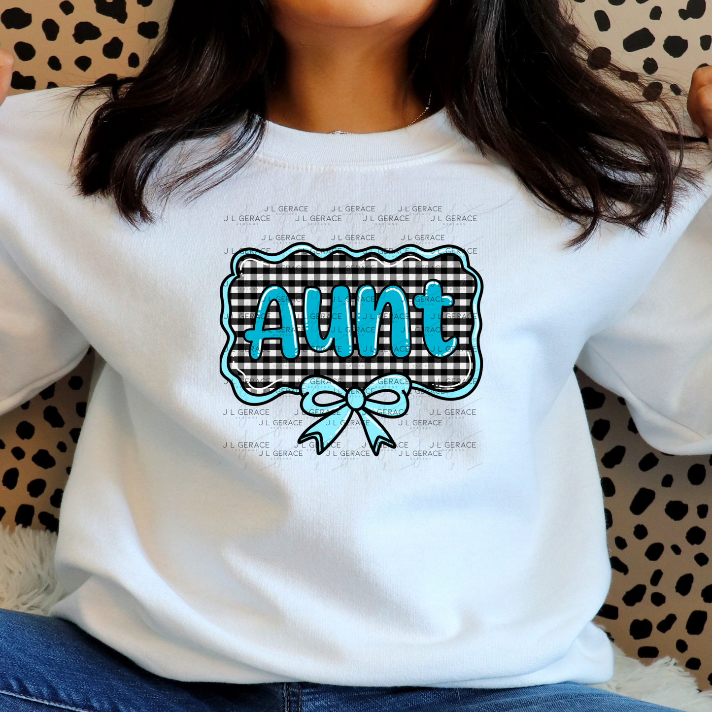 Aunt PNG – Teal Glossy Lettering with Gingham Background & Bow