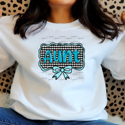 Aunt PNG – Teal Glossy Lettering with Gingham Background & Bow