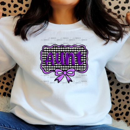 Aunt PNG – Purple Glossy Lettering with Gingham Background & Bow