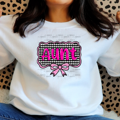 Aunt PNG – Pink Glossy Lettering with Gingham Background & Bow