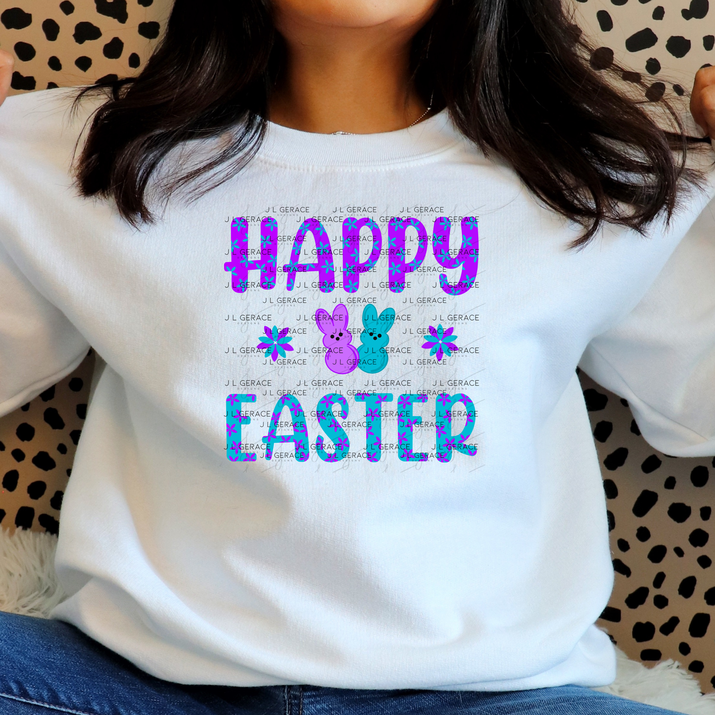 Happy Easter PNG Purple Teal Bunny Peeps Flower Pattern Easter Clipart