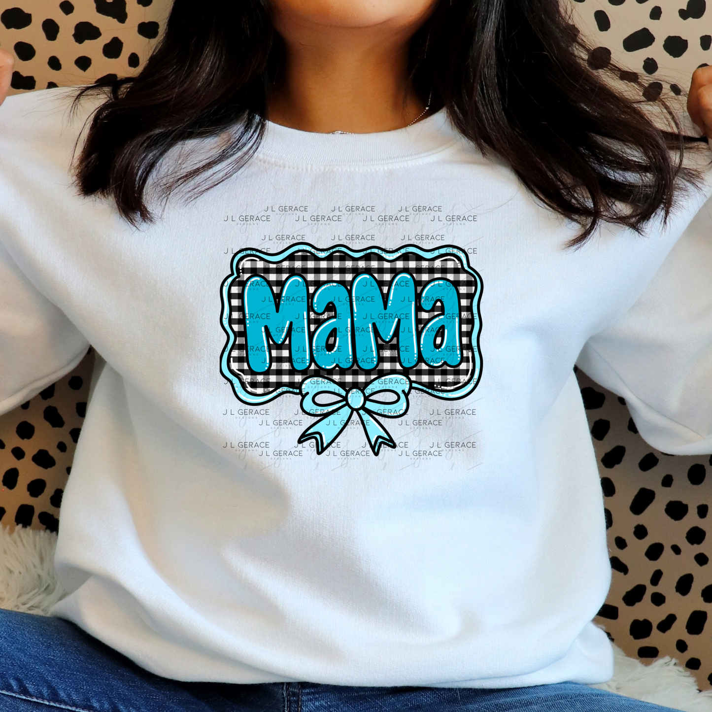Mama PNG – Teal Glossy Lettering with Gingham Background & Bow