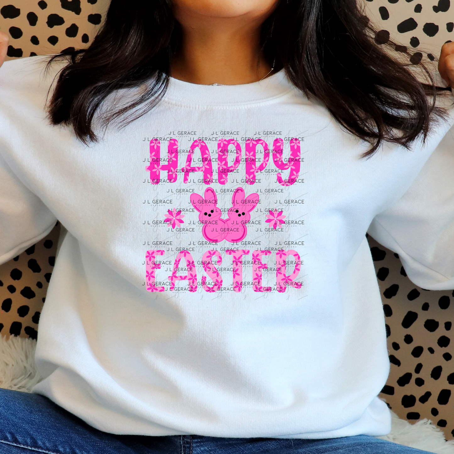 Happy Easter Pink Bunny Peep Flowers Clipart Sublimation PNG