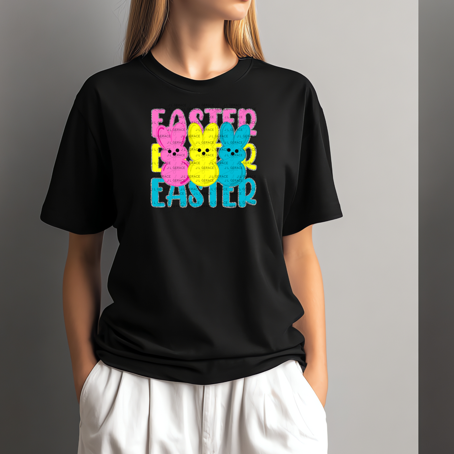 EASTER EASTER EASTER Bunnies Pink - Yellow - Blue Chunky Glitter Outline PNG