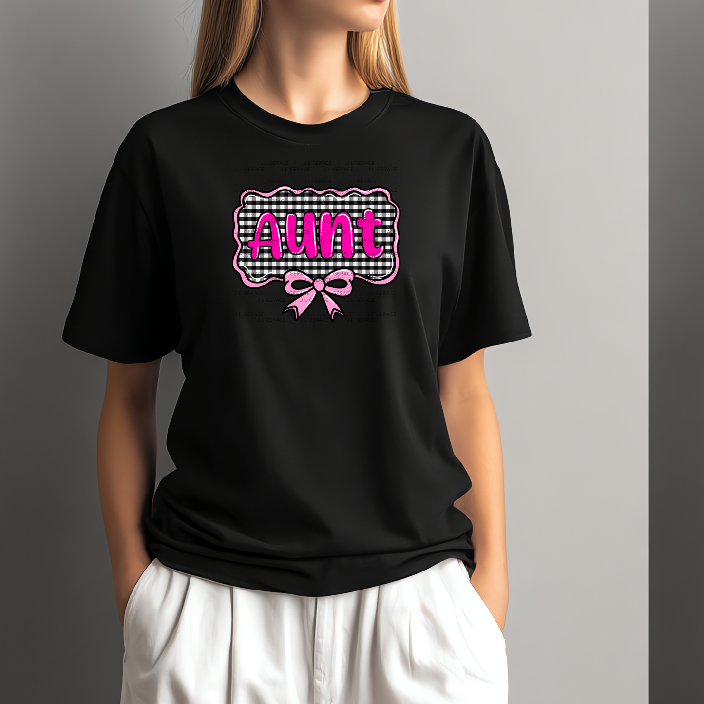 Aunt PNG – Pink Glossy Lettering with Gingham Background & Bow