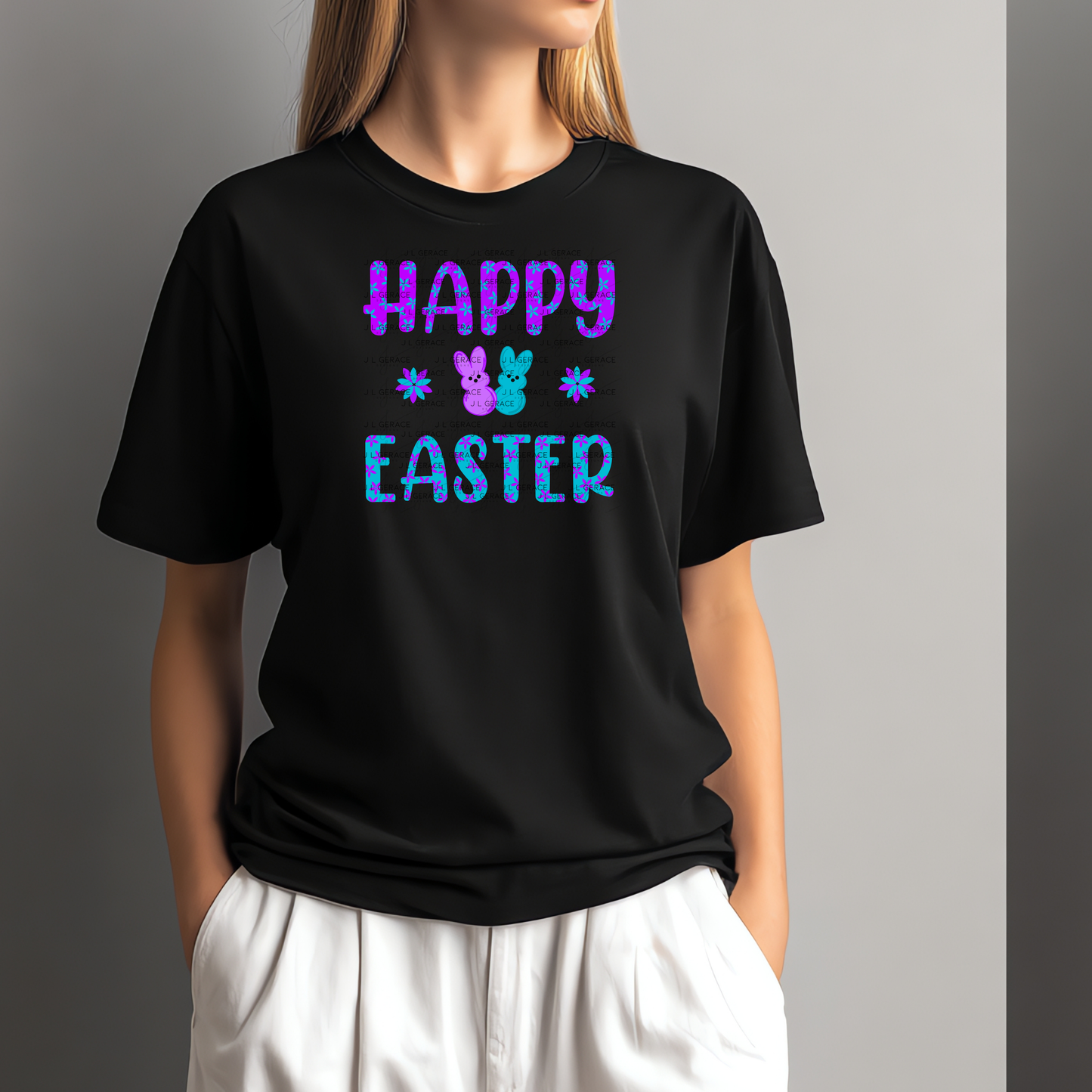 Happy Easter PNG Purple Teal Bunny Peeps Flower Pattern Easter Clipart