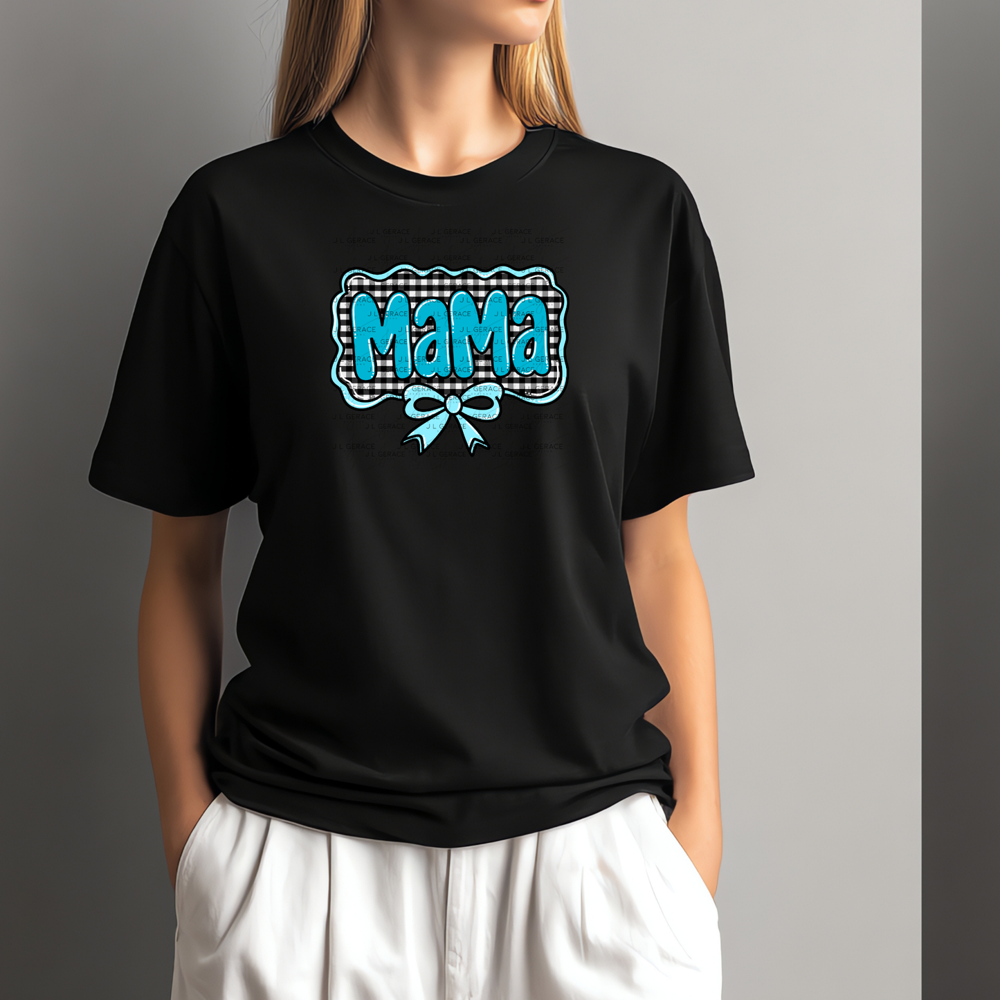 Mama PNG – Teal Glossy Lettering with Gingham Background & Bow