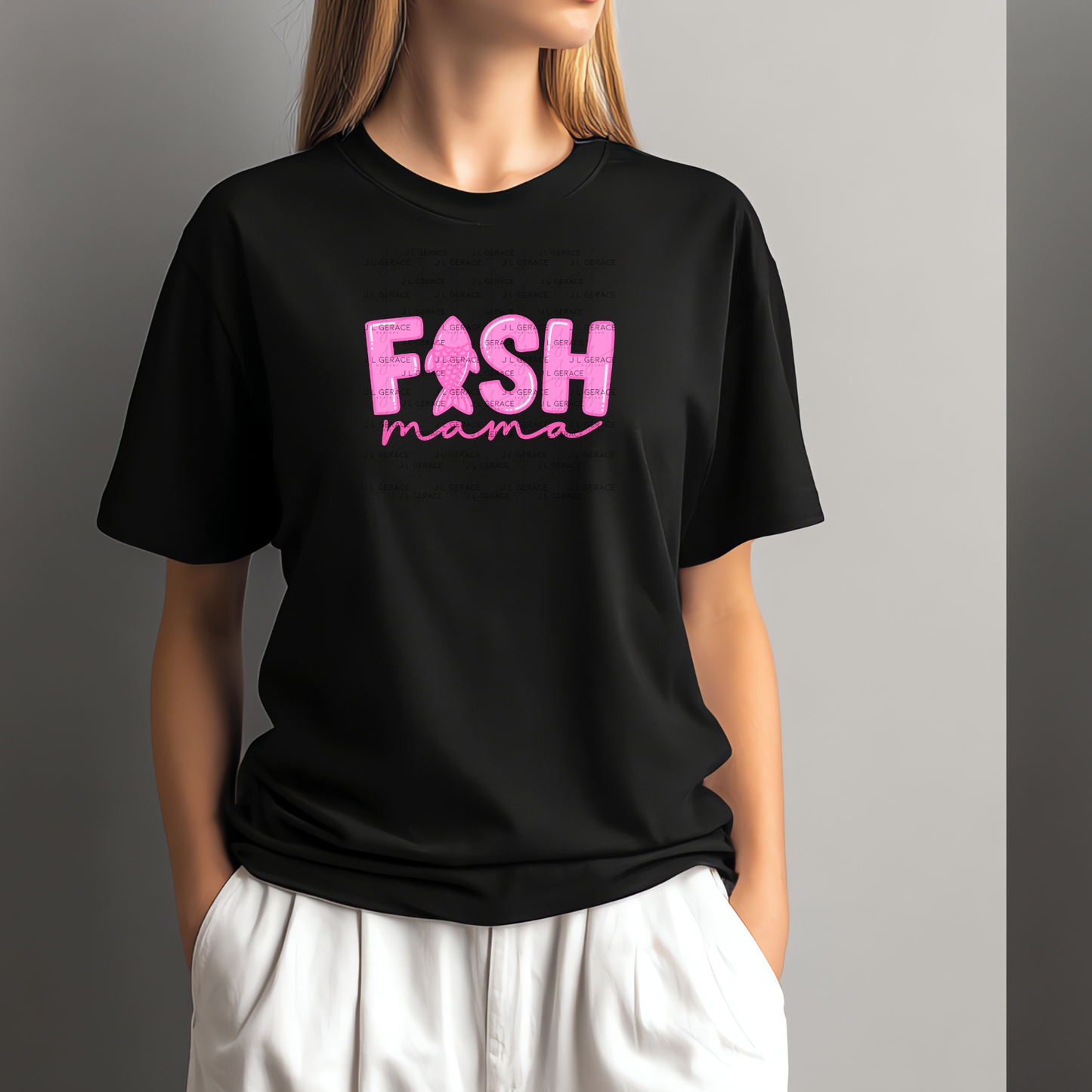 Fish Mama PNG – Pink Fishing Design with Fish Silhouette Letter