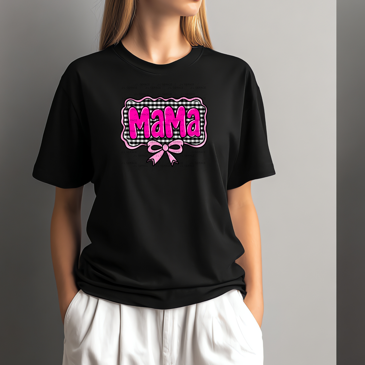 Mama PNG – Hot Pink Glossy Lettering with Gingham Background & Bow