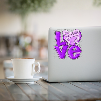 Purple Love Bubble Letter PNG with Bow Accent Black Outline Design