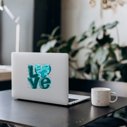 Teal Love Bubble Letter PNG with Bow Accent Scalloped Trim Design