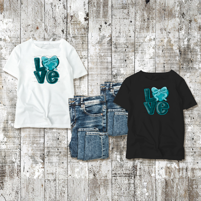 Dark Teal Love Bubble Letter PNG with Bow Accent Black outline Design