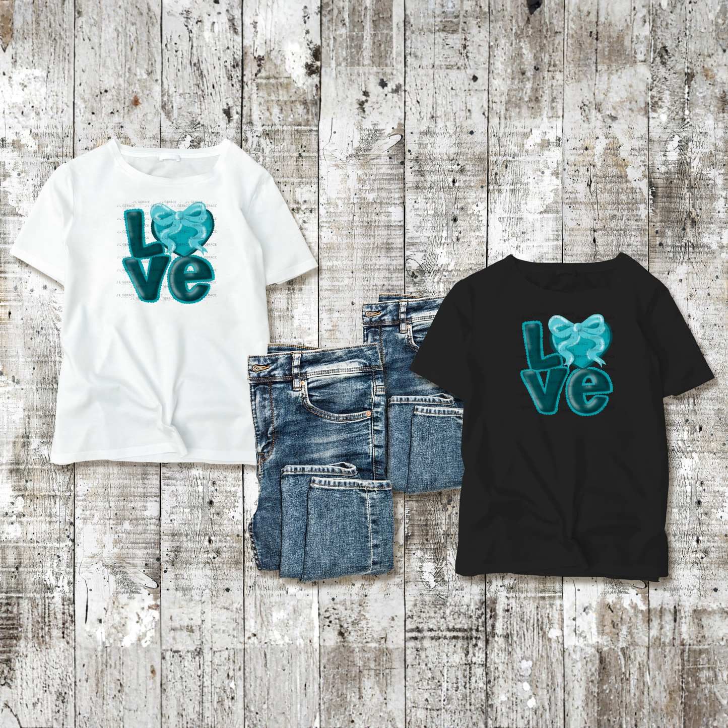 Teal Love Bubble Letter PNG with Bow Accent Scalloped Trim Design