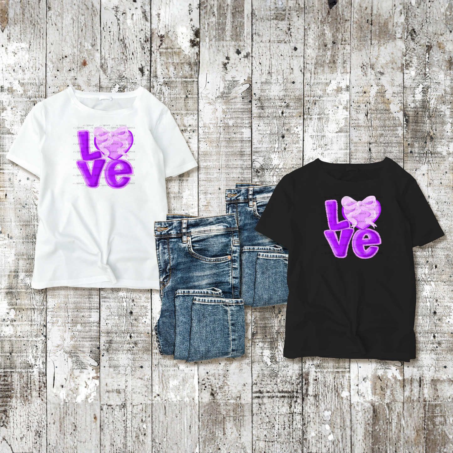 Purple Love Bubble Letter PNG with Heart Bow Design Scalloped Trim
