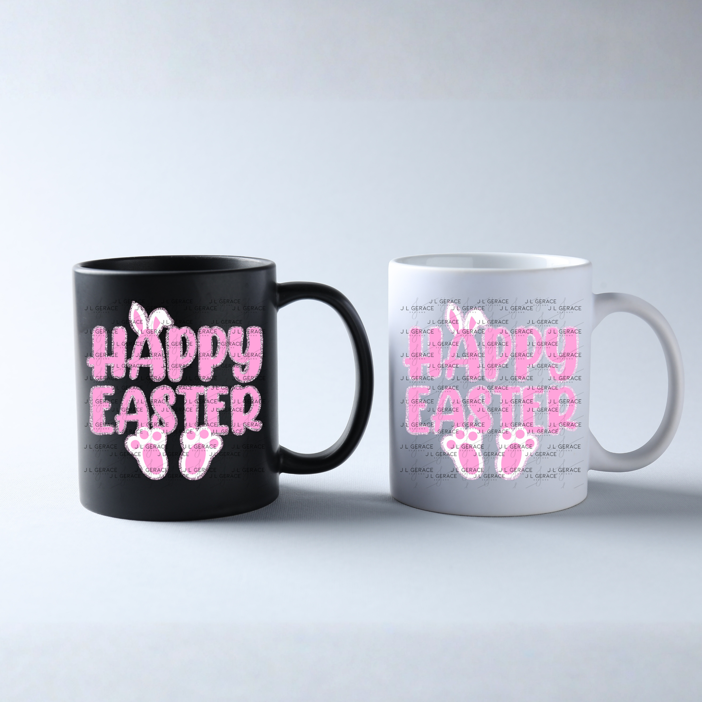 Happy Easter Bunny Ears and Feet Pink Glitter PNG Easter Clipart Sublimation PNG