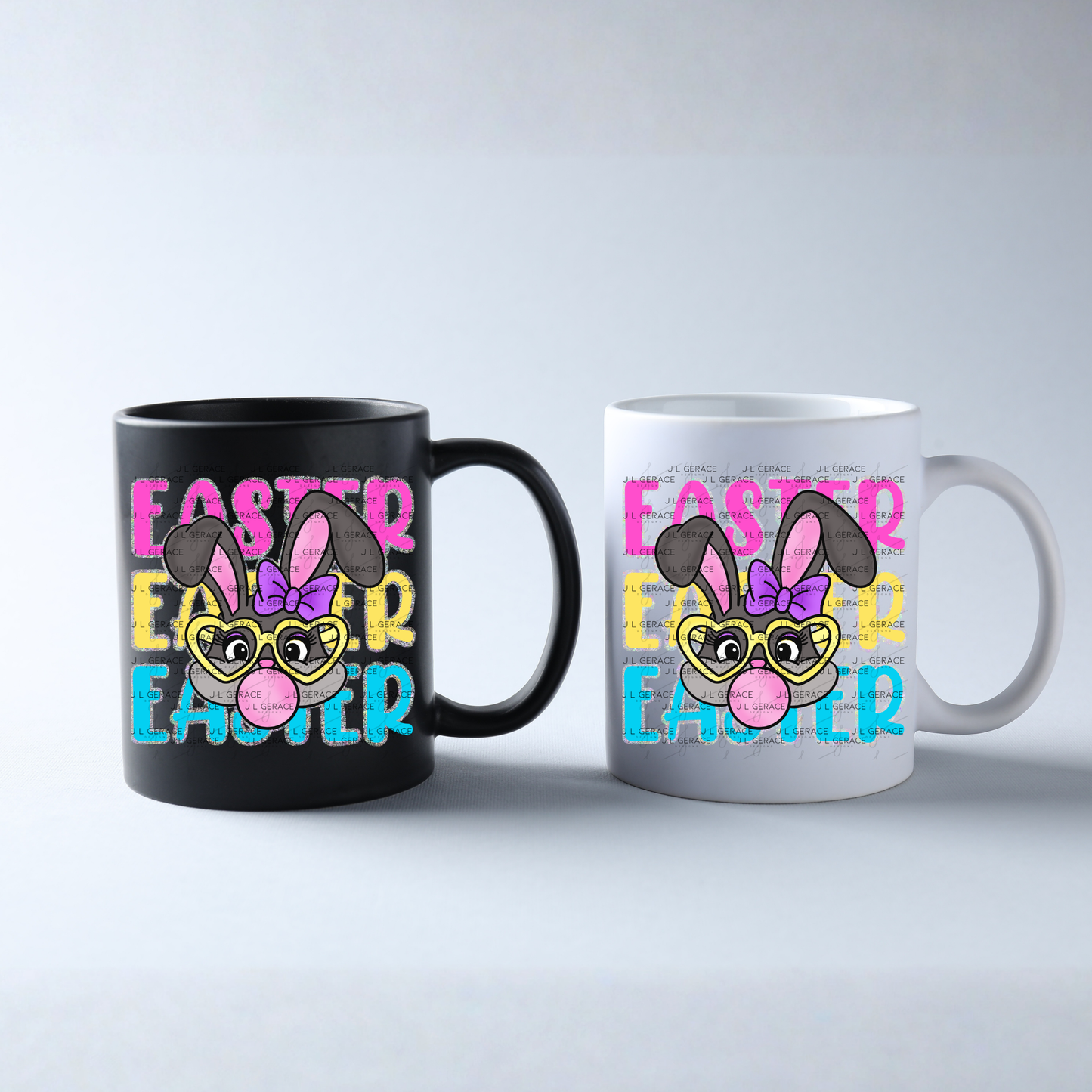 EASTER EASTER EASTER Bunny with Glasses Pink - Yellow - Blue - Chunky Glitter Outline PNG