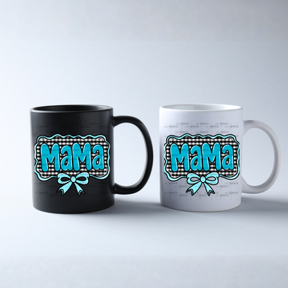 Mama PNG – Teal Glossy Lettering with Gingham Background & Bow