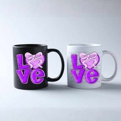 Purple Love Bubble Letter PNG with Bow Accent Black Outline Design