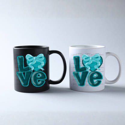 Teal Love Bubble Letter PNG with Bow Accent Scalloped Trim Design