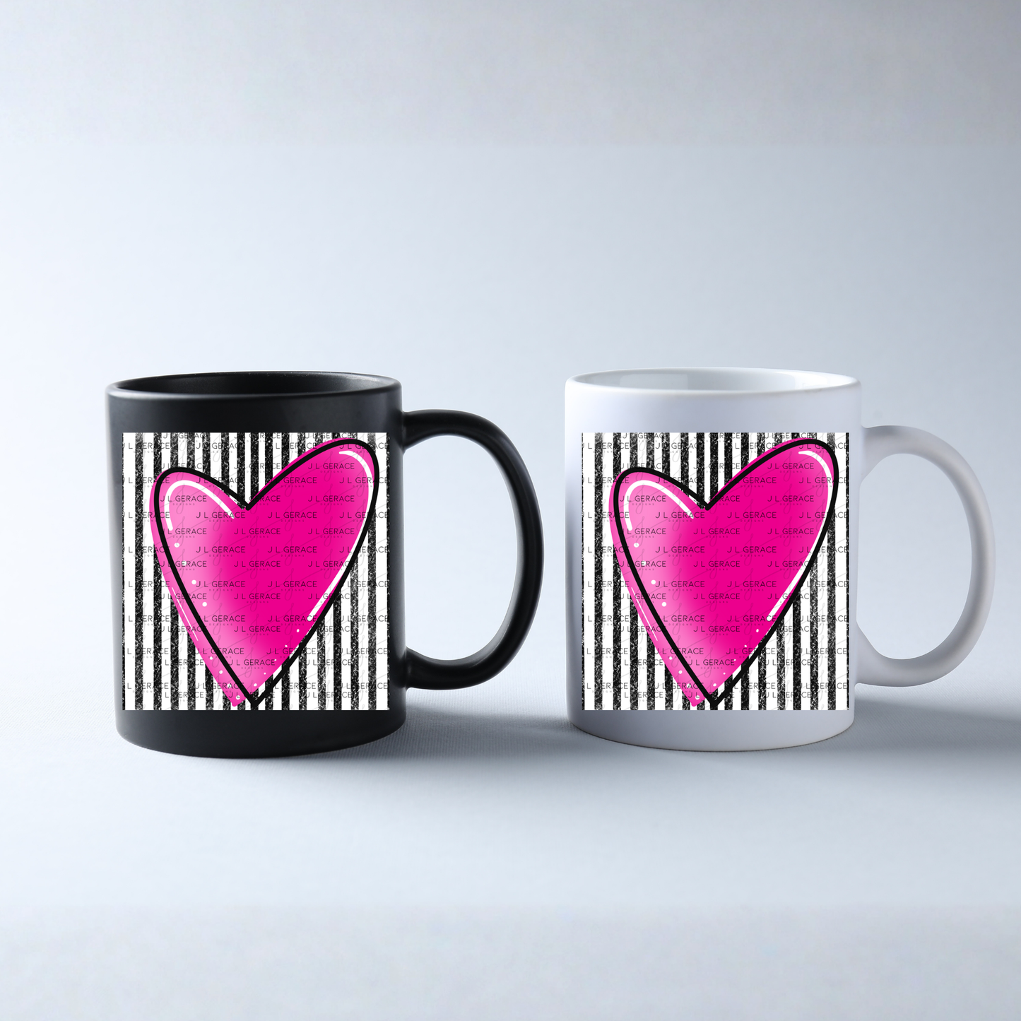 Pink Gradient Heart with Black and White Pinstripes Clipart PNG
