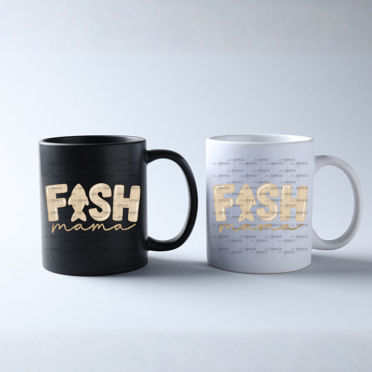Fish Mama PNG – Tan Glossy “FISH Mama” Design with Fish Letter