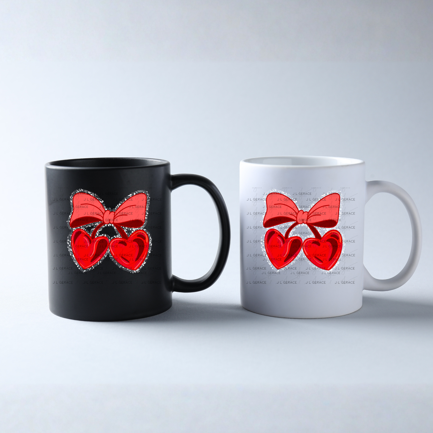 Red Heart Cherries PNG with Bow String Glitter Outline Design
