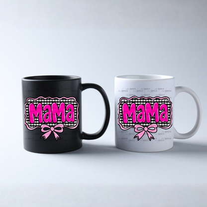 Mama PNG – Hot Pink Glossy Lettering with Gingham Background & Bow