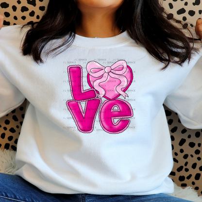 Love Pink Heart Bow PNG Valentine Word Art Design with outline