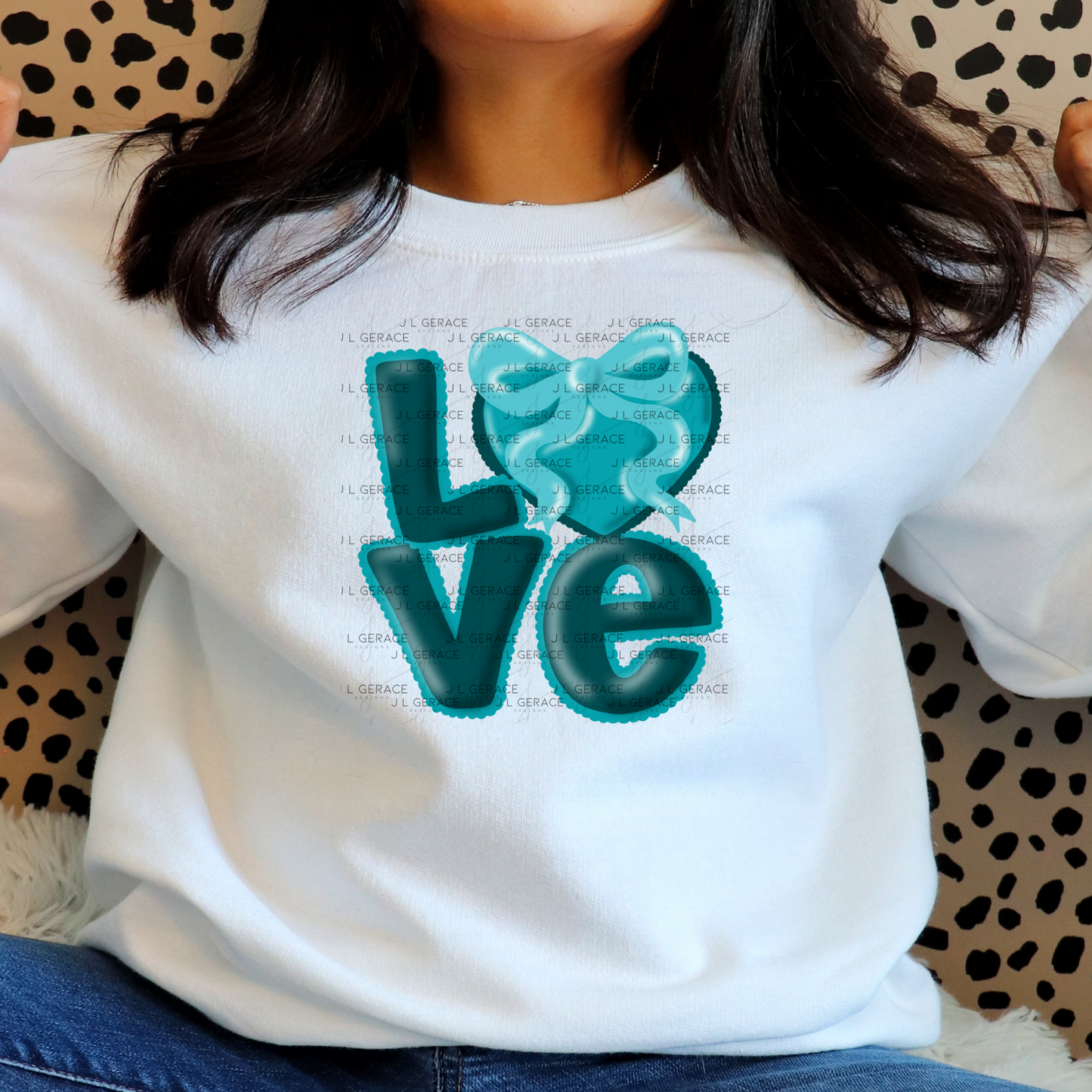 Teal Love Bubble Letter PNG with Bow Accent Scalloped Trim Design