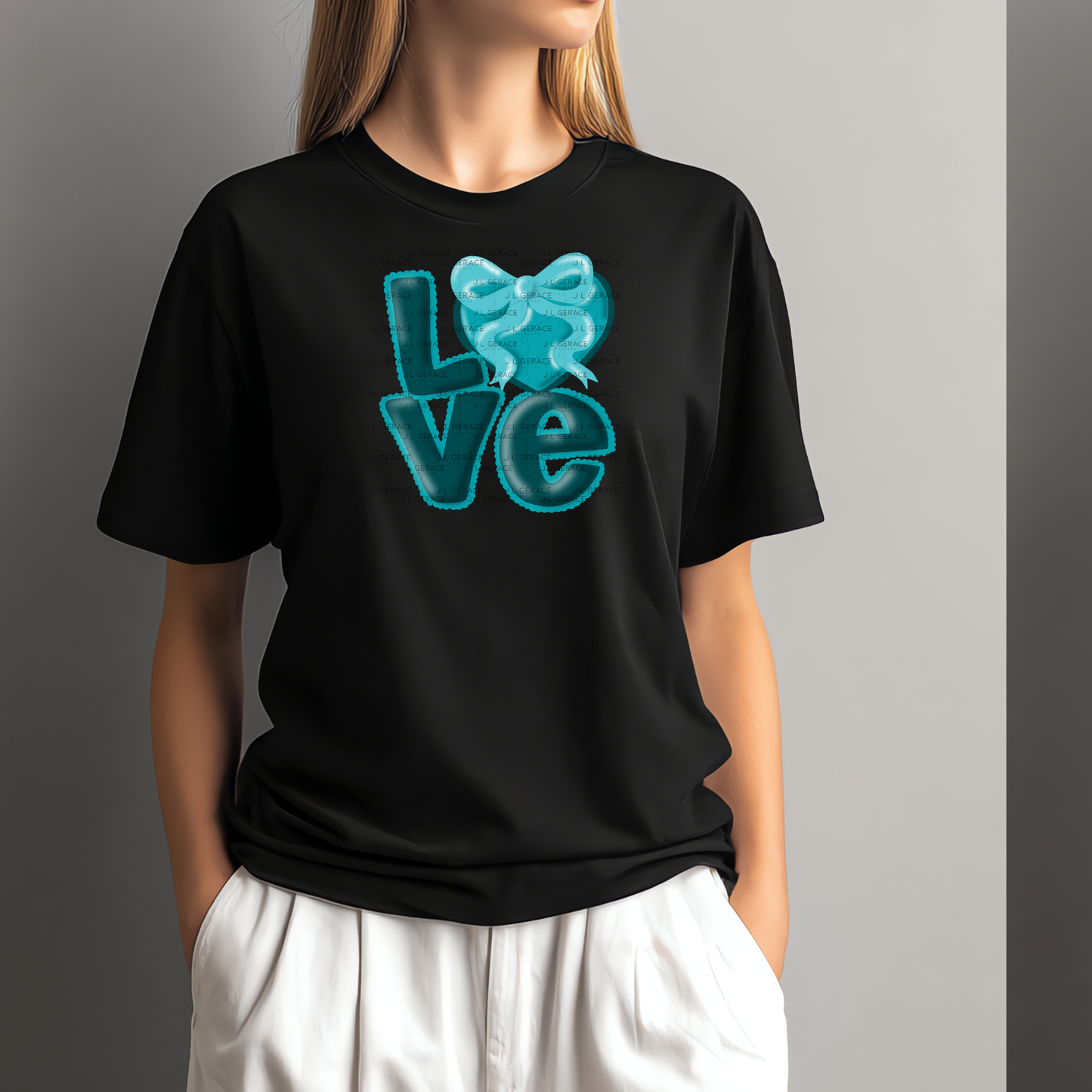 Teal Love Bubble Letter PNG with Bow Accent Scalloped Trim Design