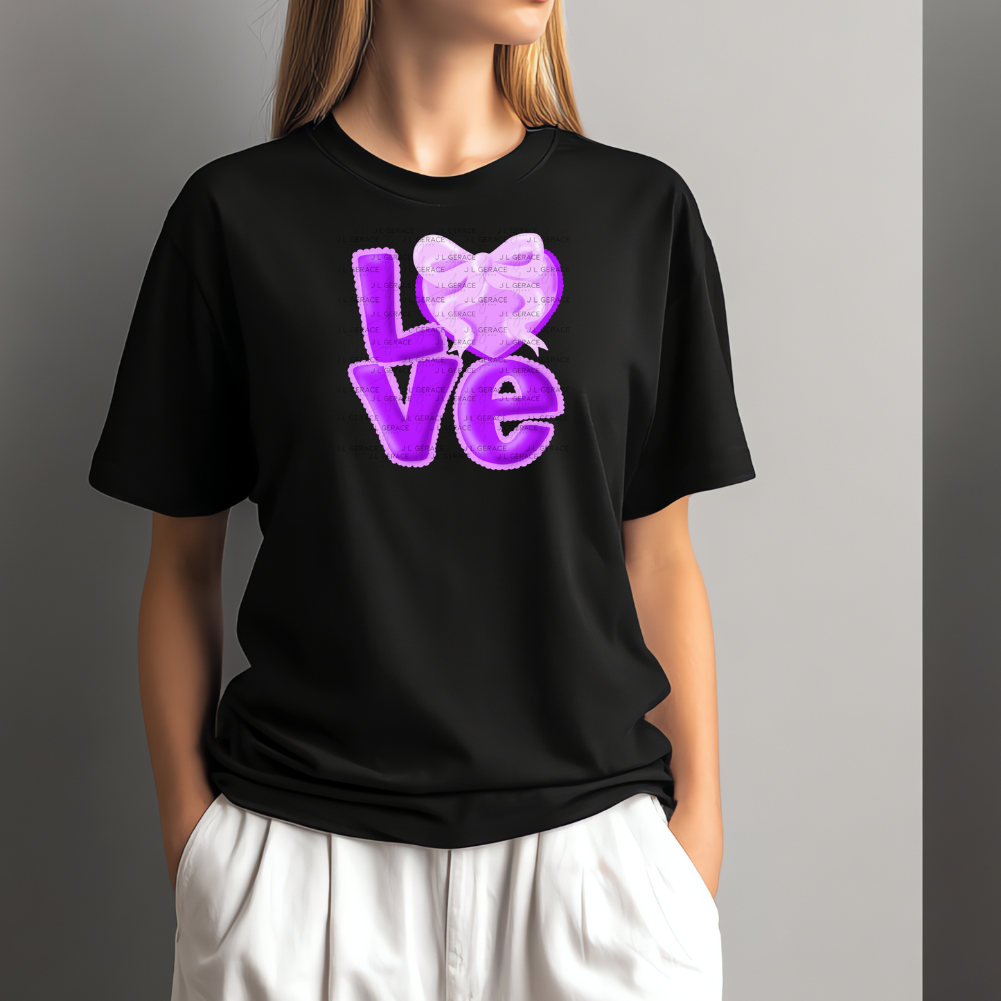 Purple Love Bubble Letter PNG with Heart Bow Design Scalloped Trim