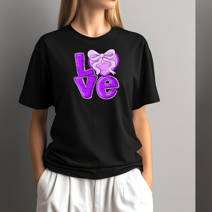 Purple Love Bubble Letter PNG with Bow Accent Black Outline Design