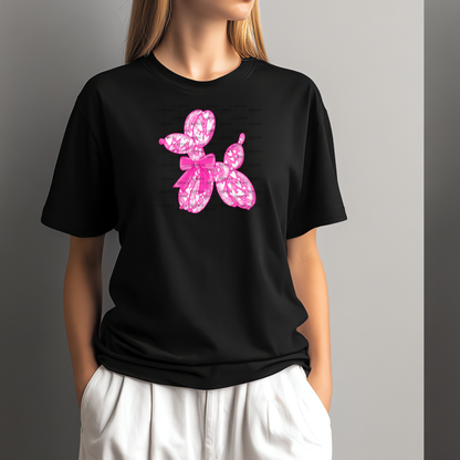 Pink Love Balloon Dog PNG with Heart Pattern and Bow