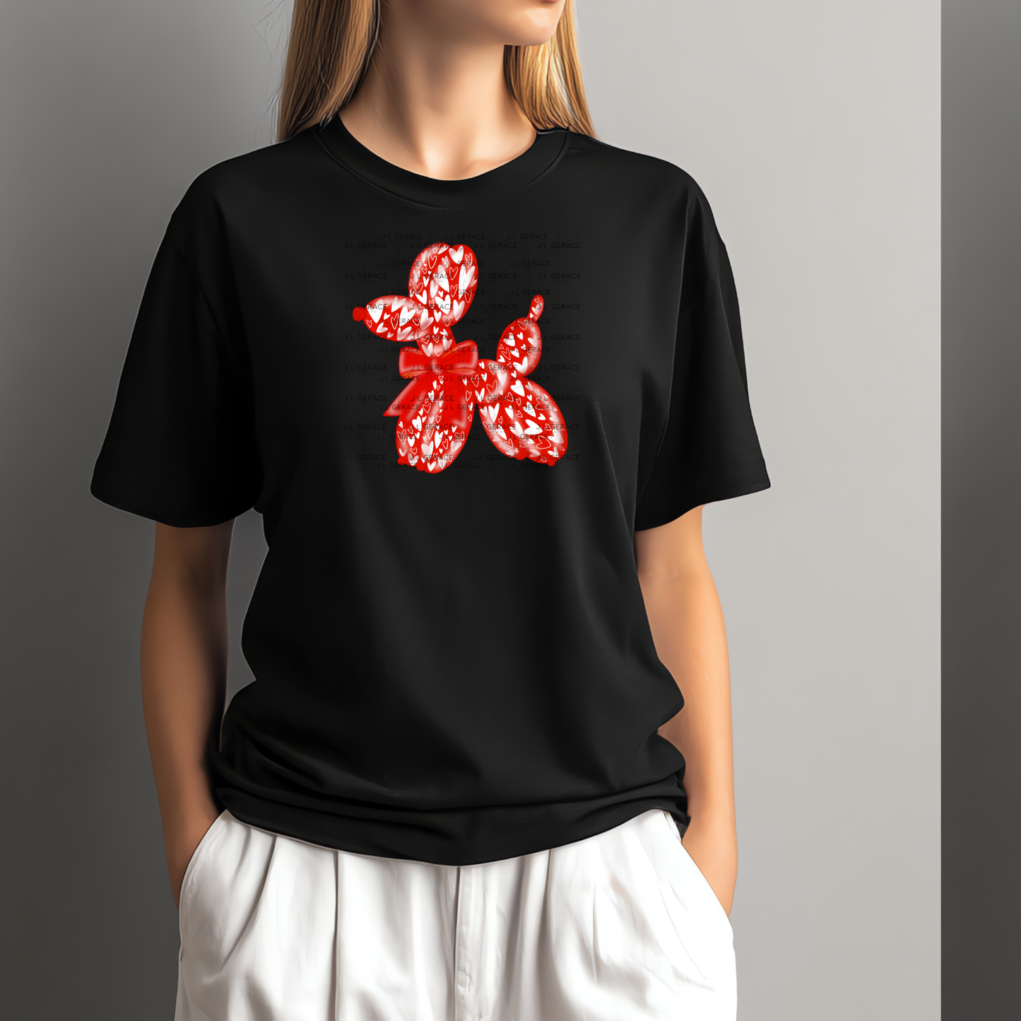 Red Love Balloon Dog PNG with Heart Pattern and Bow