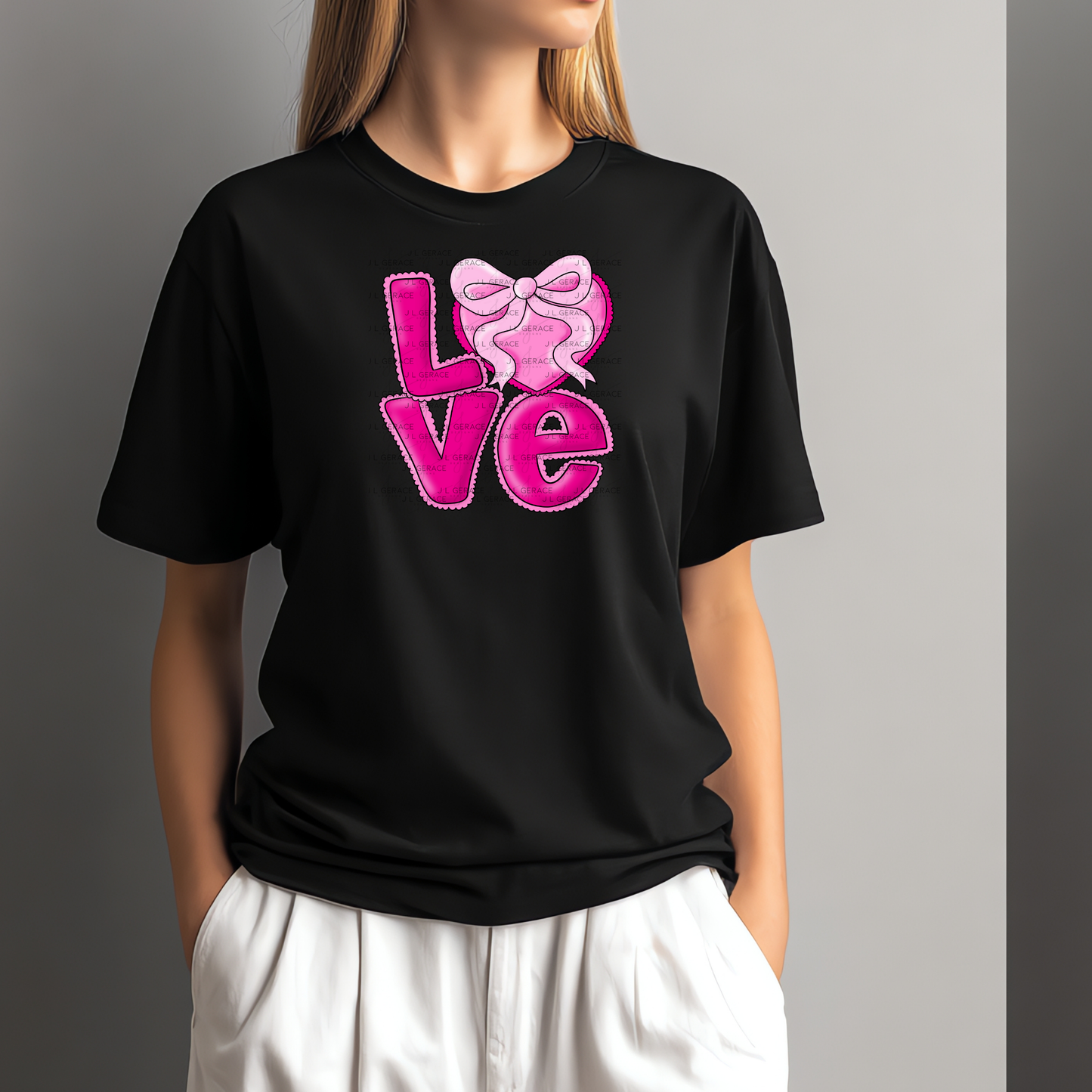 Love Pink Heart Bow PNG Valentine Word Art Design with outline