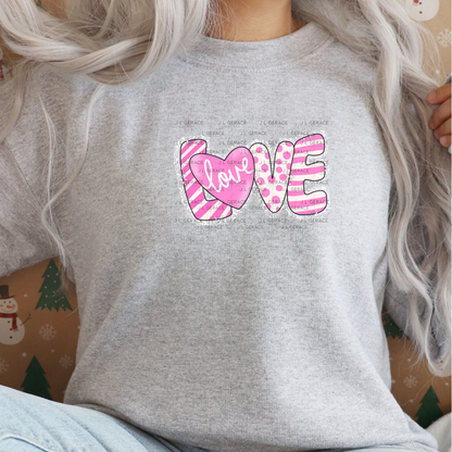 Pink Love Word PNG with Heart – Polka Dot and Stripe Mixed Pattern Design
