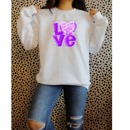 Purple Love Bubble Letter PNG with Heart Bow Design Scalloped Trim