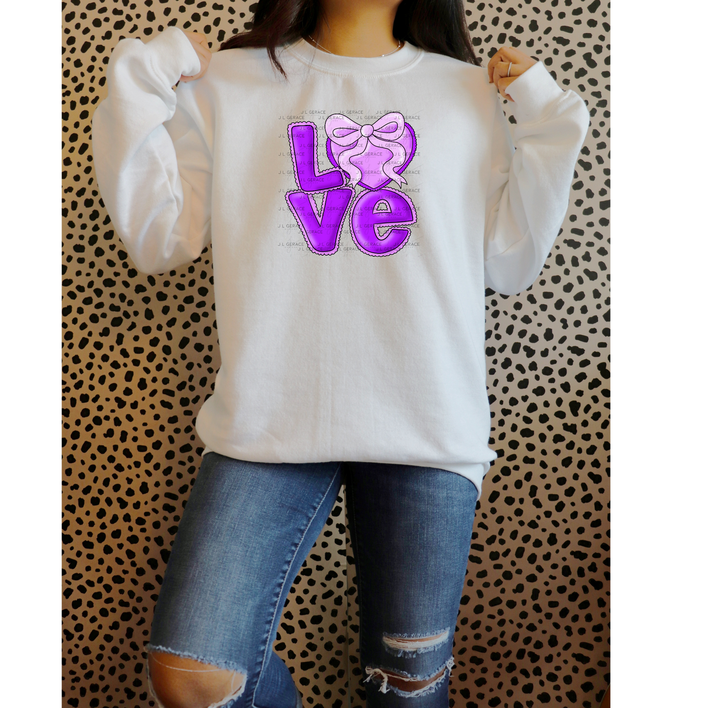 Purple Love Bubble Letter PNG with Bow Accent Black Outline Design