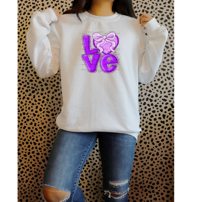 Purple Love Bubble Letter PNG with Bow Accent Black Outline Design