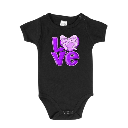 Purple Love Bubble Letter PNG with Bow Accent Black Outline Design