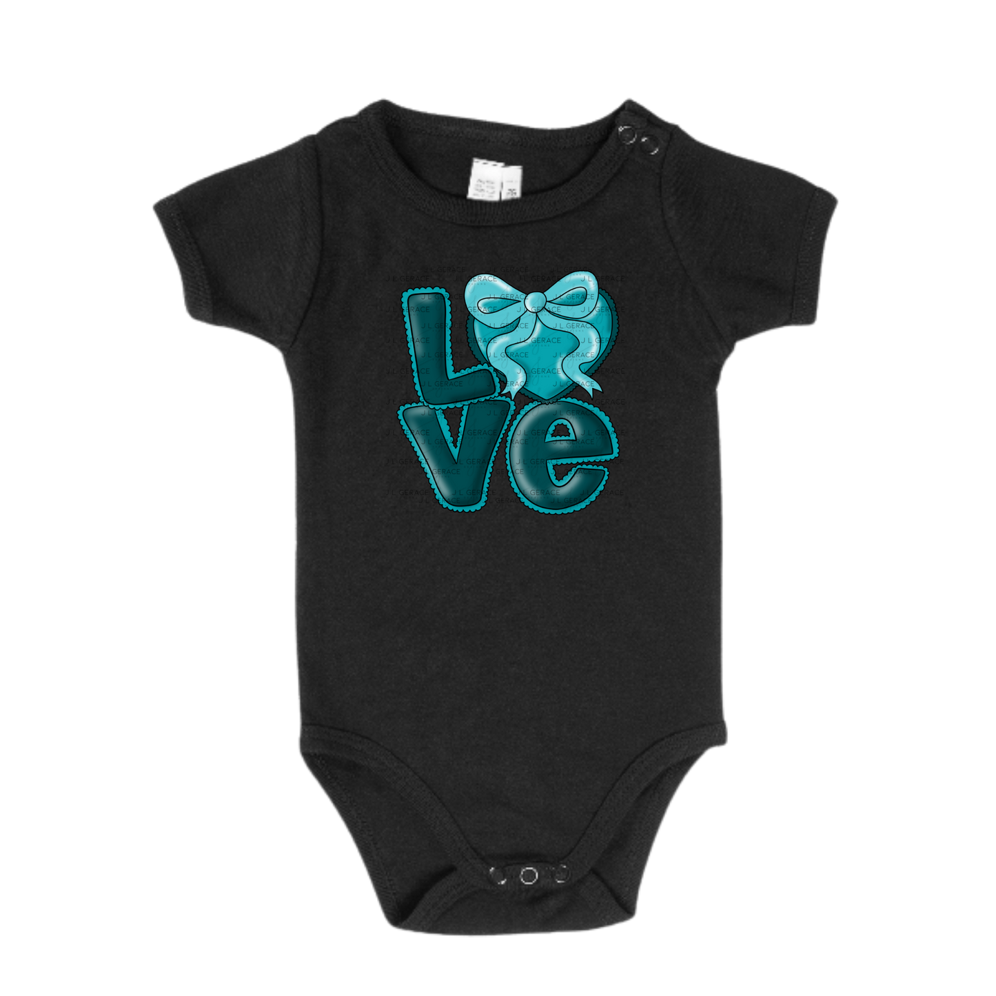 Dark Teal Love Bubble Letter PNG with Bow Accent Black outline Design