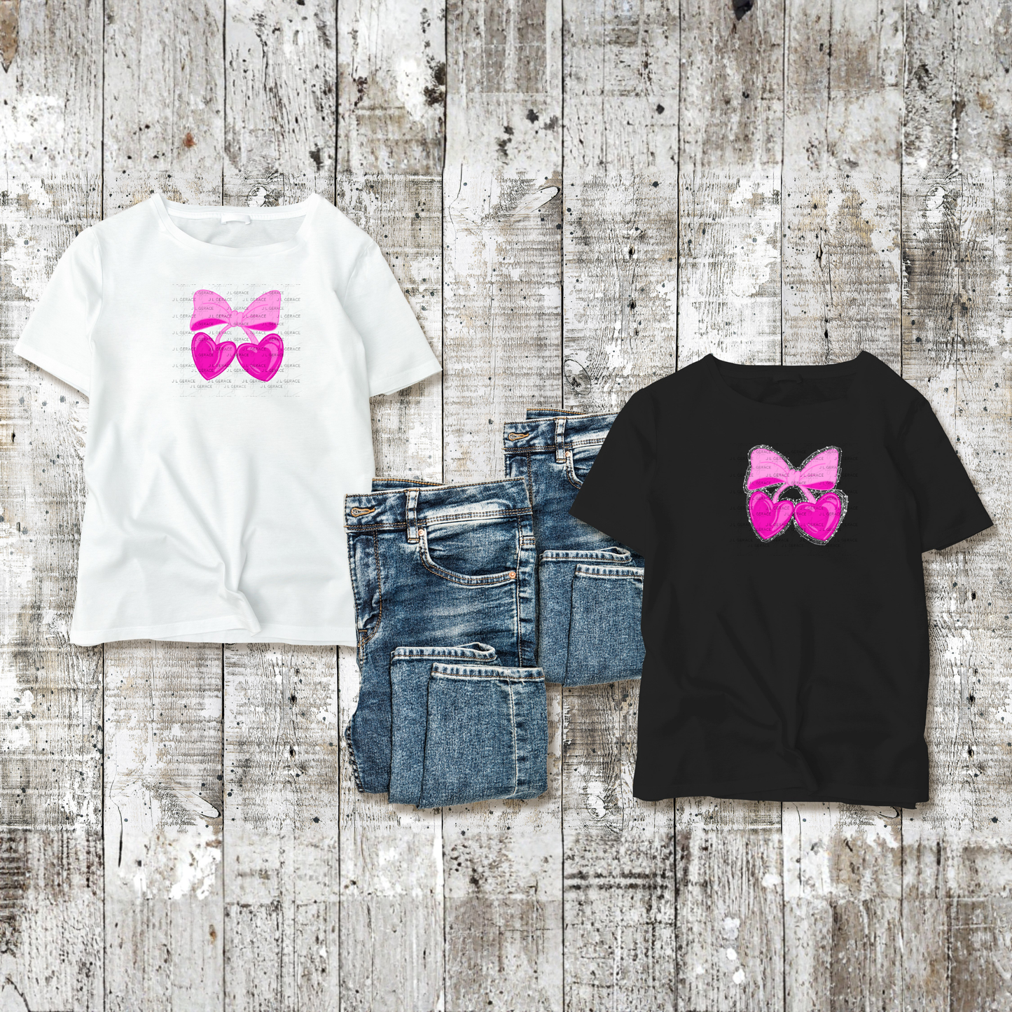 Pink Heart Cherries PNG with Bow String Glitter Design