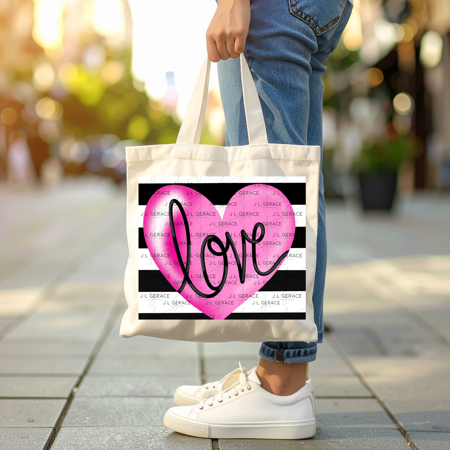 Pink Heart Love Script PNG with Black Handwritten Lettering Black and white stripe background