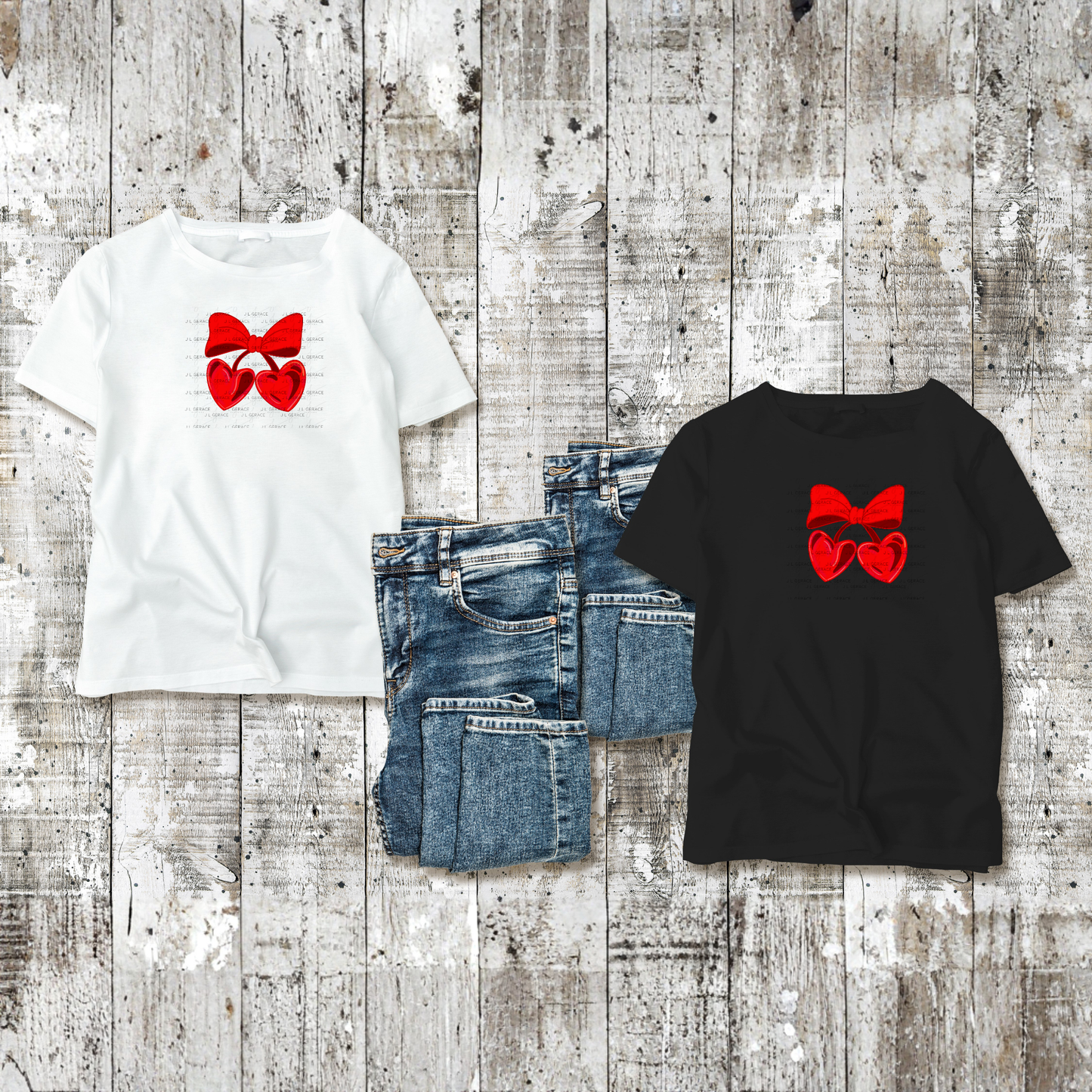 Red Heart Cherries PNG with Bow Glossy Solid Design