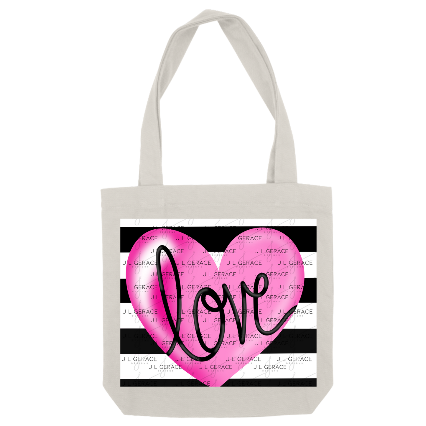 Pink Heart Love Script PNG with Black Handwritten Lettering Black and white stripe background