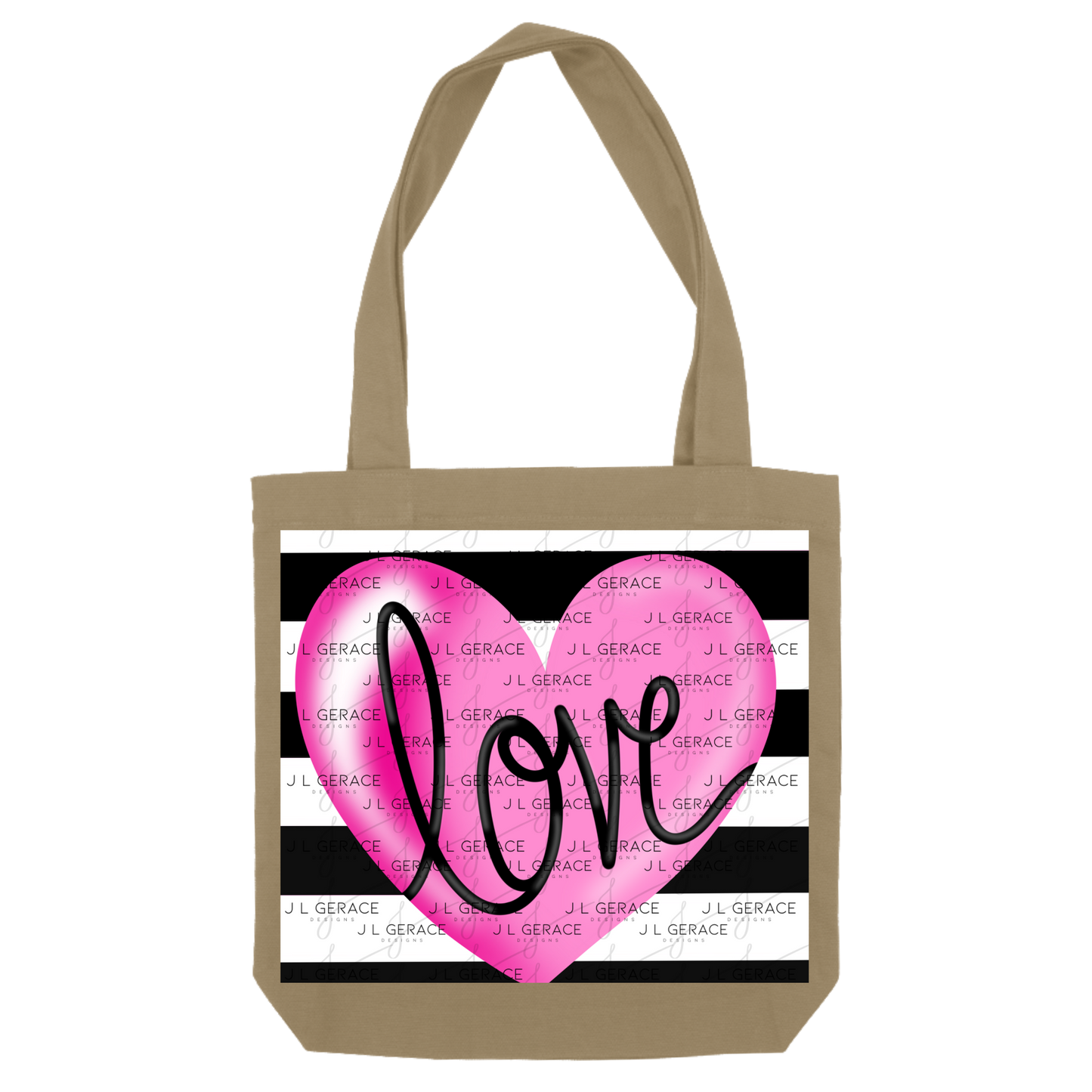 Pink Heart Love Script PNG with Black Handwritten Lettering Black and white stripe background