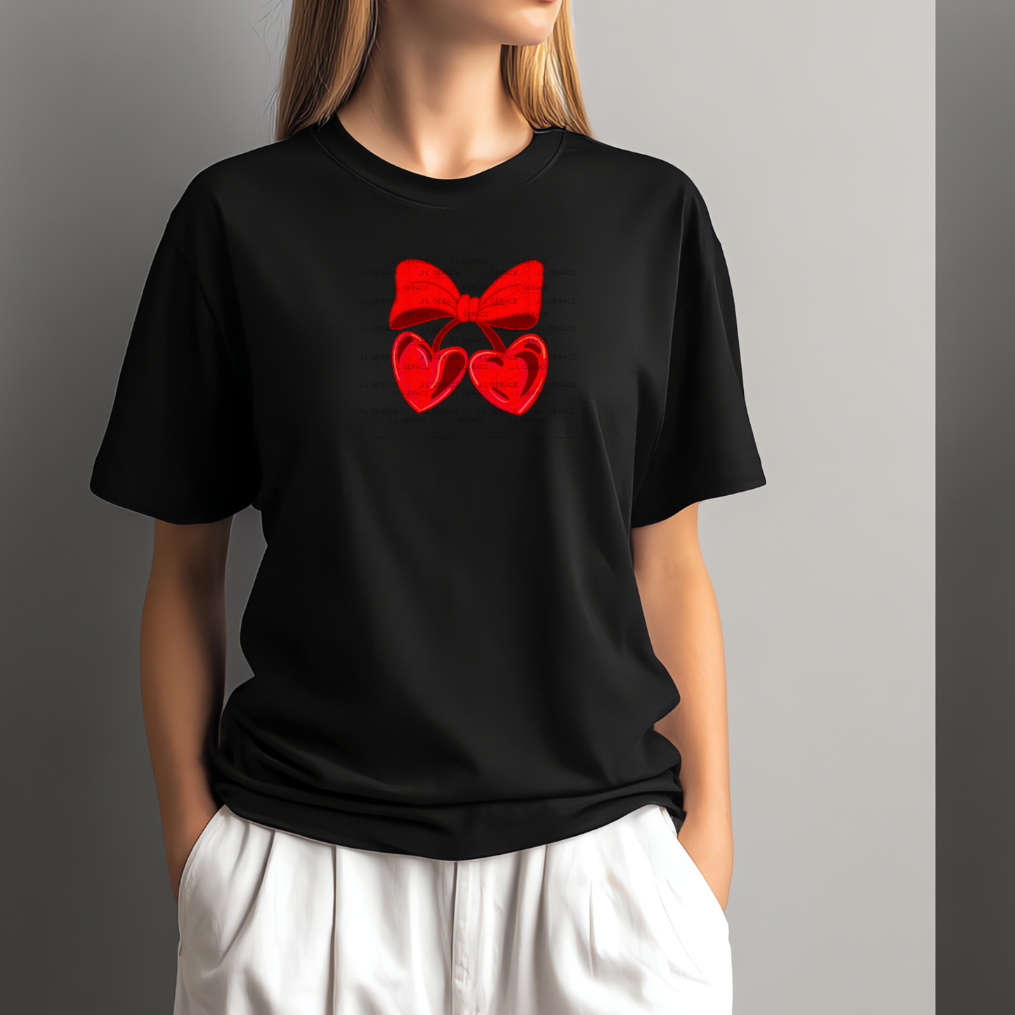 Red Heart Cherries PNG with Bow Glossy Solid Design