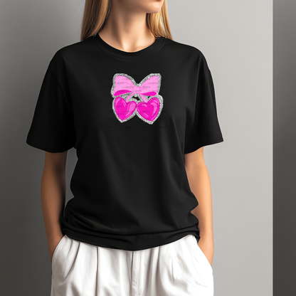 Pink Heart Cherries PNG with Bow and Silver Chunky Glitter Background Design