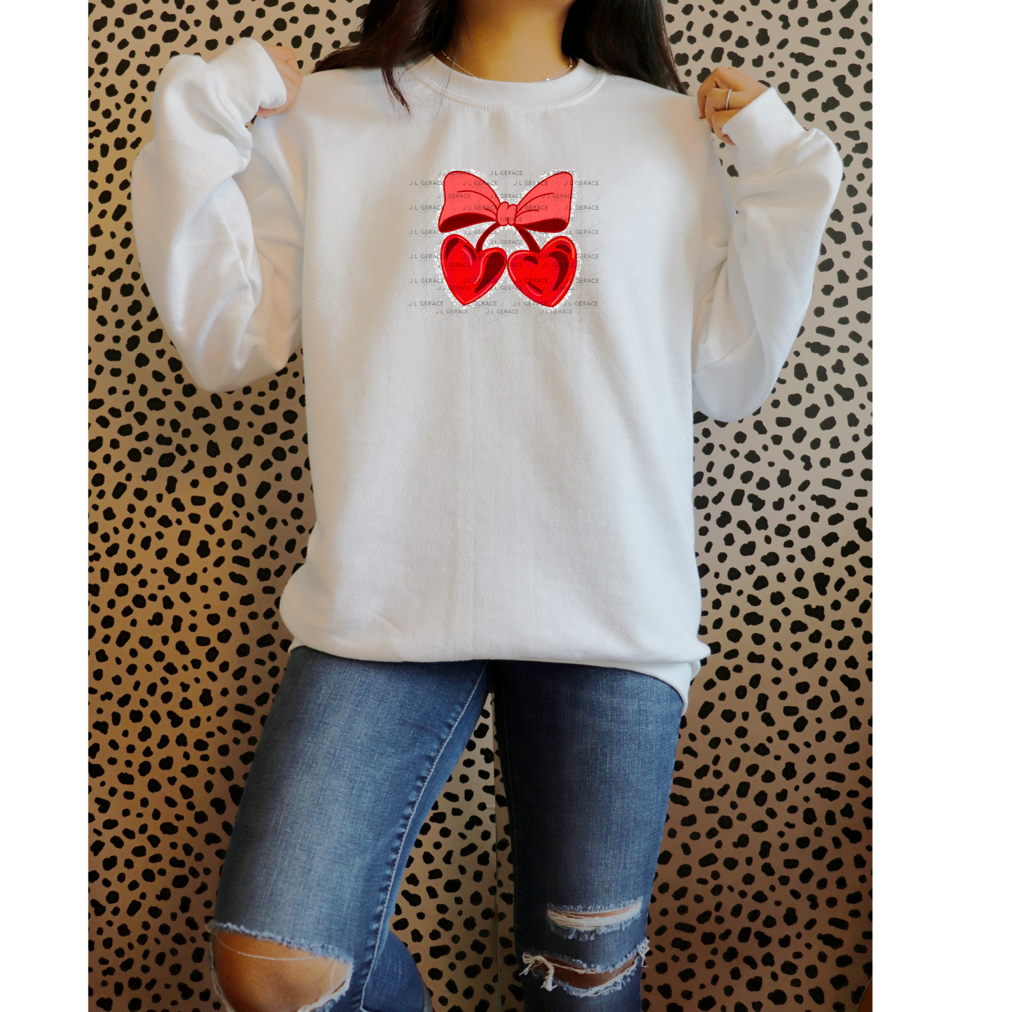 Red Heart Cherries PNG with Bow String Glitter Outline Design