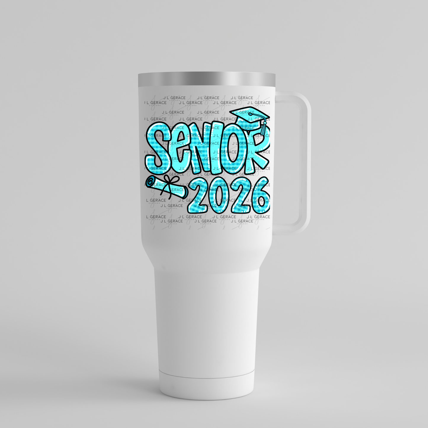 Senior 2026 PNG – Aqua Plaid Graduation Cap and Diploma Design